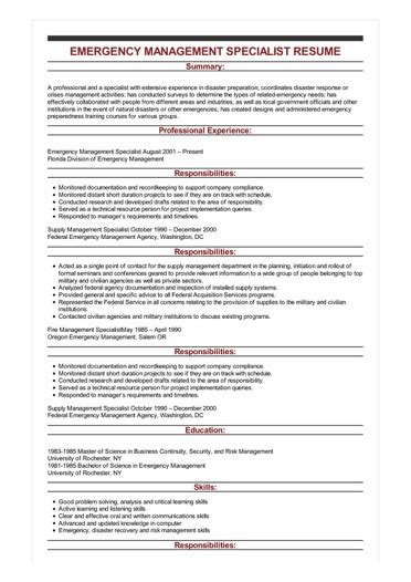 Once operations are resumed, deans, and departmental chairs must take steps to ensure that faculty meet their scheduled classes or substitutes. Sample Emergency Management Specialist Resume