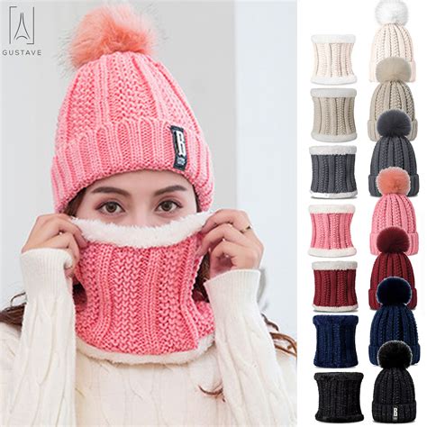 Gustave 2pcs Scarfhat Set Women Winter Warm Solid Pompoms Knitted Soft Caps And Scarves Pink
