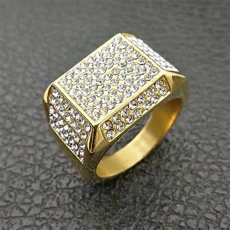 Hip Hop Iced Out Bling Square Rings For Men Gold Color Stainless Steel