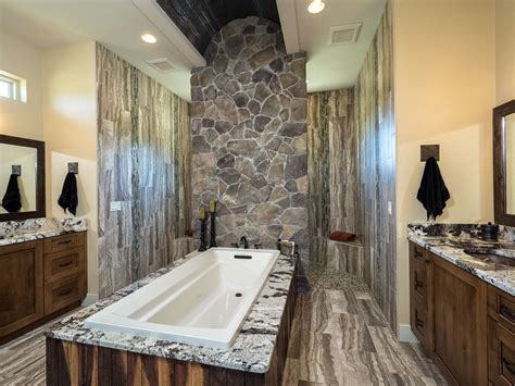 Walk Through Shower With Centered Drop In Tub And Separate Vanities In
