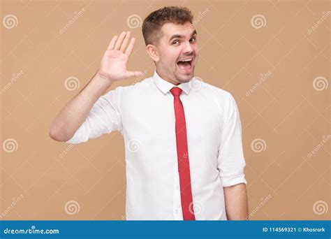 Happy Businessman Showing Hi Hello Sign Stock Image Image Of