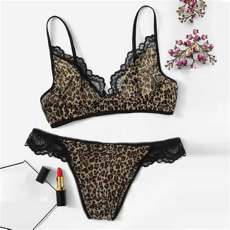 Women Underwear Set Sexy Lace Leopard Bra Set Print Bra With Thong Sleepwear Lingerie Set S Xl