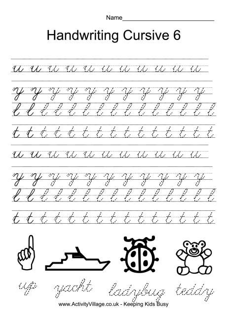 Each sheet comes with a couple lines of writing practice and a short exercise to reinforce the letter. Handwriting Practice Cursive 6