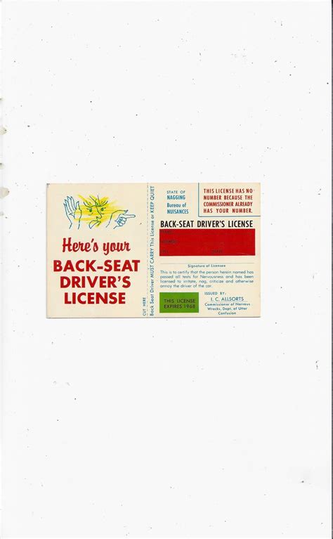 1950s Back Seat Drivers License Humorous Postcard Unposted State Of