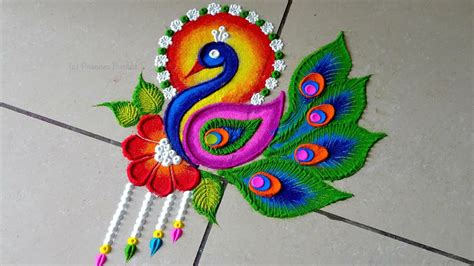 Bright And Stunning Peacock Rangoli Unique Free Hand Peacock Kolam For Festivals Youtube