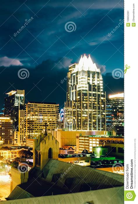 Austin Night Cityscape With Church And Skyscrapers Stock Image Image