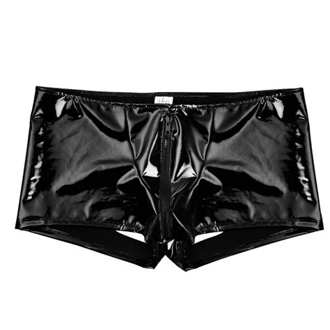 men s wet look pvc leather boxers briefs open butt zipper pouch shorts underwear ebay