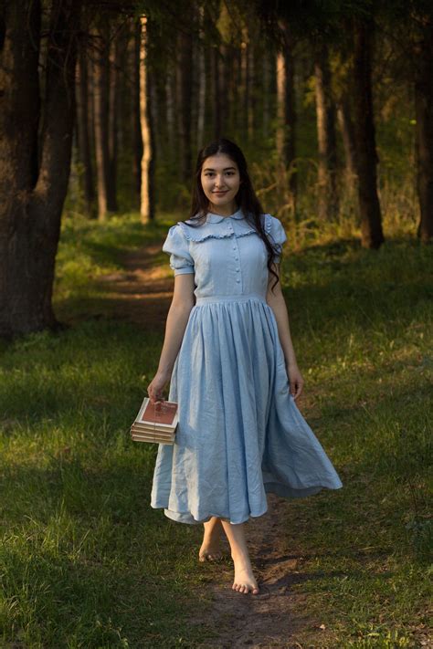 Sky Blue Linen Dress Romantic Dress Victorian Dress Ruffle Etsy