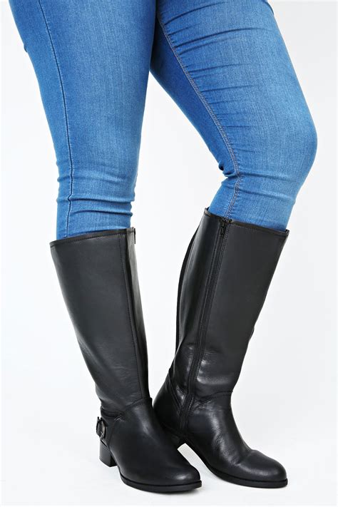 Black Leather Riding Boots With Buckle Trim Xl Calf Fitting In Eee Fit 4eee5eee6eee7eee8eee9eee