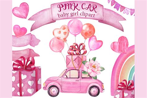 Watercolor Pink Car Clipart Retro Car For Girl Car With Balloons By