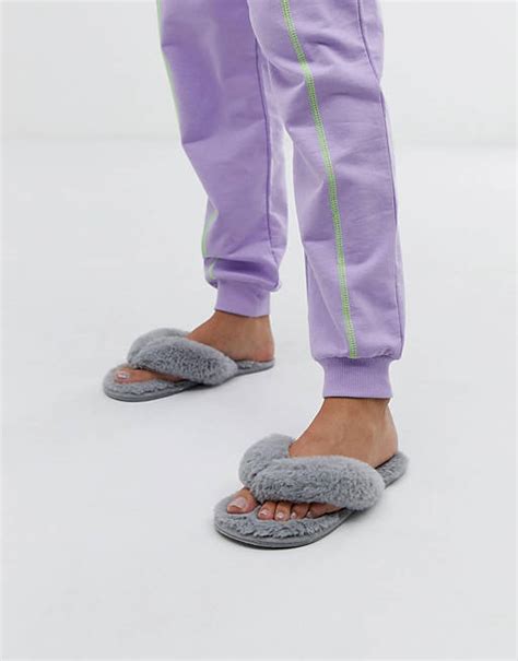 Hunkemoller Fluffy Faux Fur Thong Slippers In Grey Asos
