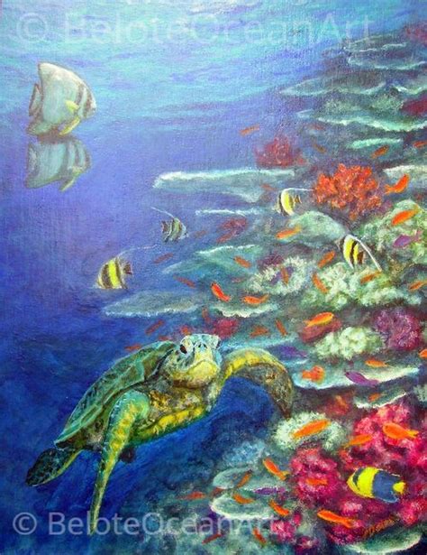 Sea Turtle On Fiji Reef Sea Life Art Business Underwater Paintings By