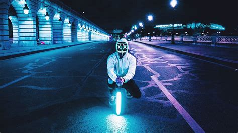 Man 4k Wallpaper Led Mask Lightsaber Road Tarmac City Lights