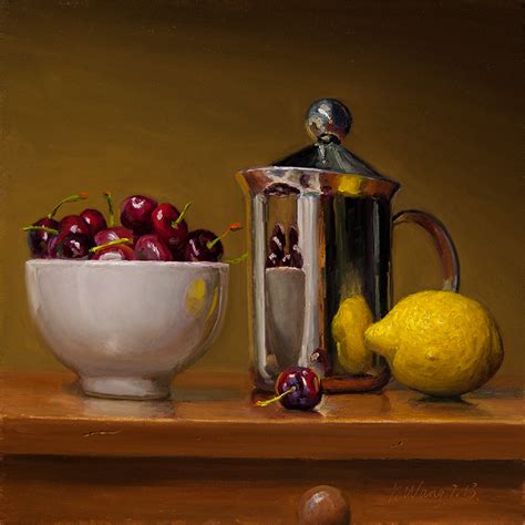 Wang Fine Art Still Life With A Metal Cup Cherries And A Lemon