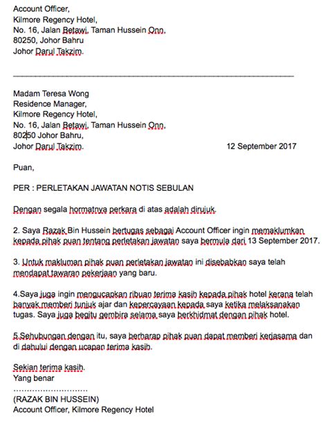 Contoh surat resignation letter dalam masa 24 jam atau seminggu. Contoh Surat Berhenti Kerja Dalam Bahasa Melayu & Bahasa ...