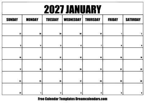 January 2027 Calendar Free Blank Printable With Holidays