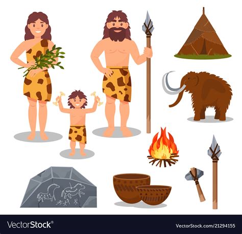 Stone Age Symbols Set Primitive People Mammoth Vector Image