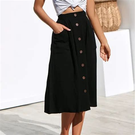 women vintage skirt mid calf length single breasted pockets skirt casual loose female vacation