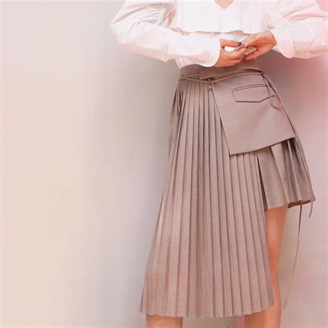 Nanastyle Pleated Skirt For Women High Waist Lace Up Patchwork Pocket Asymmetric Midi Skirt