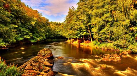 Beautiful Nature Summer River Creek Shore Trees Rocks Forest Sky Clouds