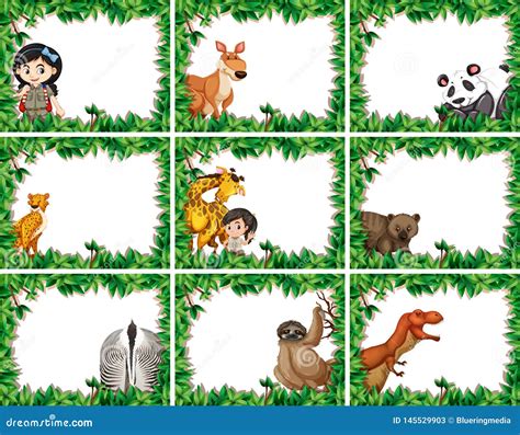 Set Of Animals With Nature Frame Stock Vector Illustration Of