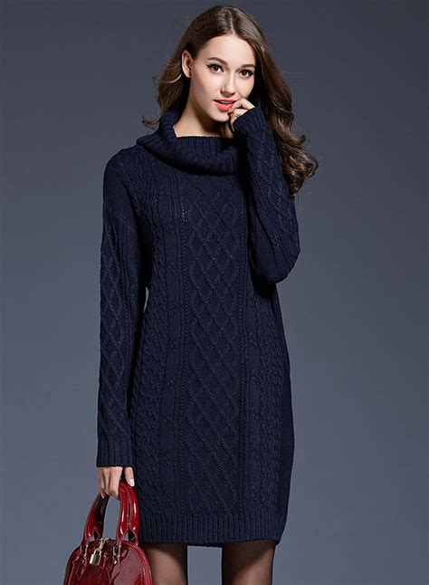 Women's Fashion High Neck Knitted Long Sleeve Pullover Long Sweater - STYLESIMO.com