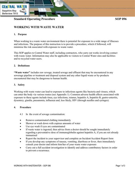 Standard Operating Procedure Sop Working With Waste Water