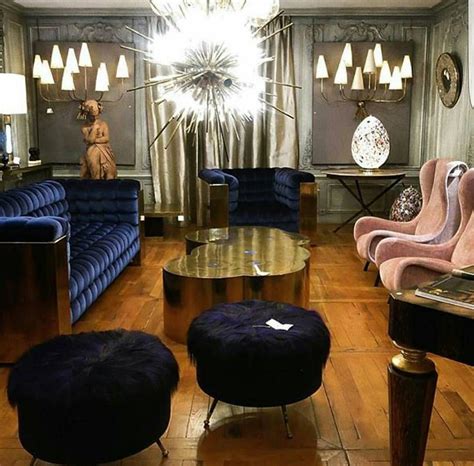 Beautiful Old Hollywood Glam Interior With Polished Metals And Blue