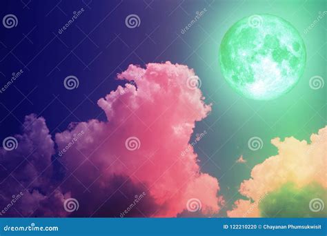 Super Full Green Moon Back Silhouette Colorful Sky Stock Photo Image