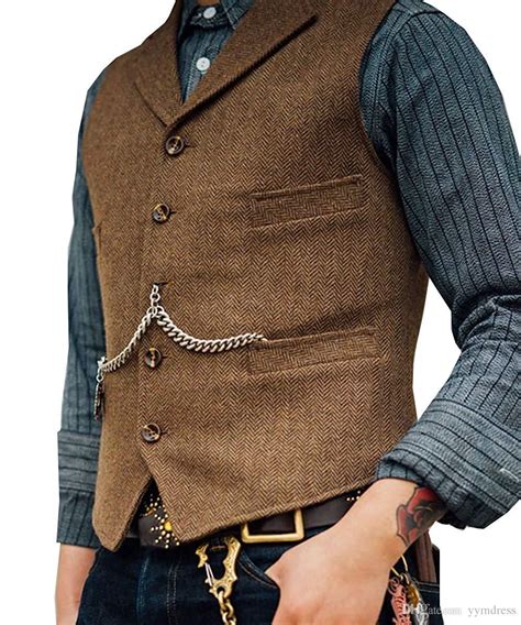 2021 Groom Vests Brown Tweed Groomsmen Wool Herringbone 3 Style Mens