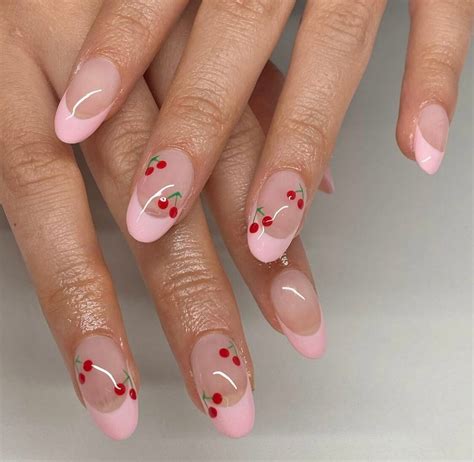 Cherries Nailsfrench Nailspink Nailspress On Nail Fake Etsy