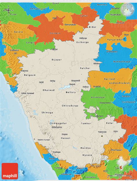 Karnataka map shows karnataka state's districts, cities, roads, railways, areas, water bodies, airports, places of interest, landmarks disclaimer: Shaded Relief 3D Map of Karnataka, political outside