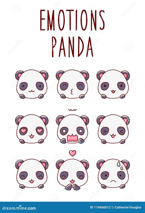 Set Of Emotions Cute Panda Character Face Kawaii Isolated On White