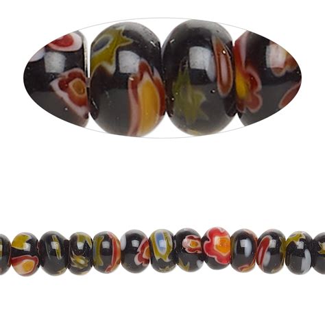 Bead Millefiori Glass Translucent Black And Multicolored 6x4mm Rondelle With Flower Design