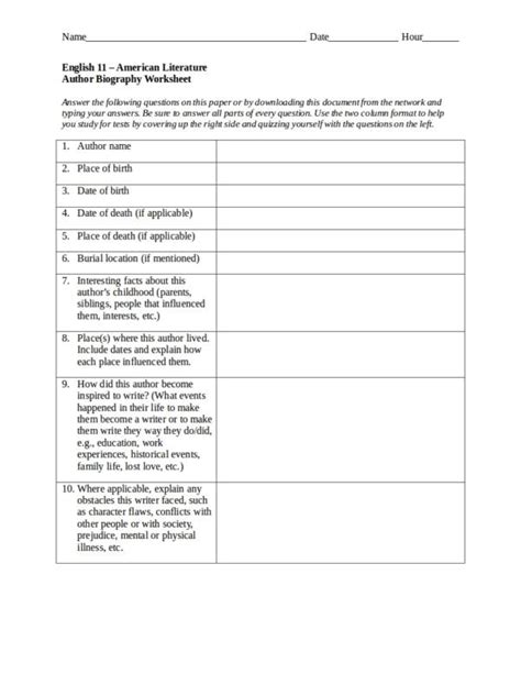 Biography Questions Worksheets