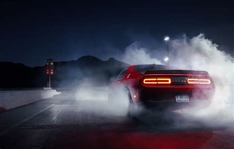 Wallpaper Muscle Dodge Challenger Red Car Smoke Hellcat Drag