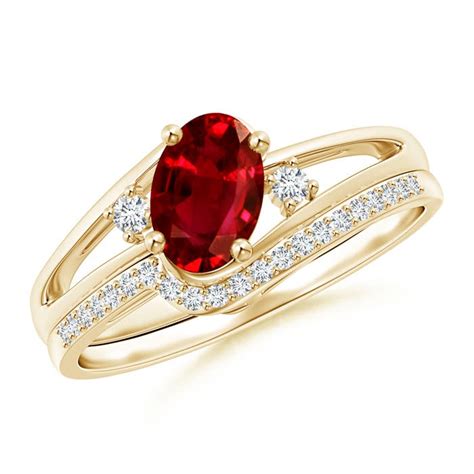 Oval Ruby And Diamond Wedding Band Ring Set Angara