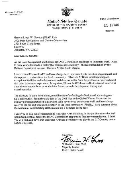 Executive Correspondence - Letter from Senator Bill Frist to Commission ...