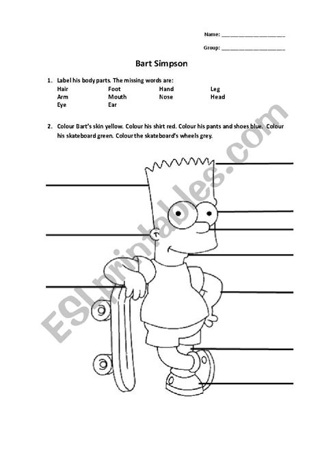Bart Simpson Parts Of The Body And Colors Esl Worksheet By Mariovial