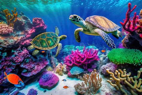 Coral Reef With Wild Sea Turtles And Fish Tropical Ocean Underwater