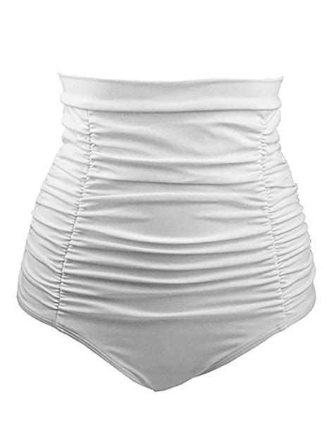 Womens Retro Solid Swim Shorts High Waist Ruched Bikini Bottom Swim