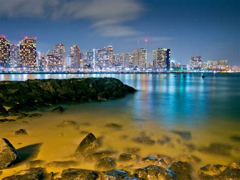 City Honolulu Hawaii Evening Night Lighting Sea Beach Stones Desktop