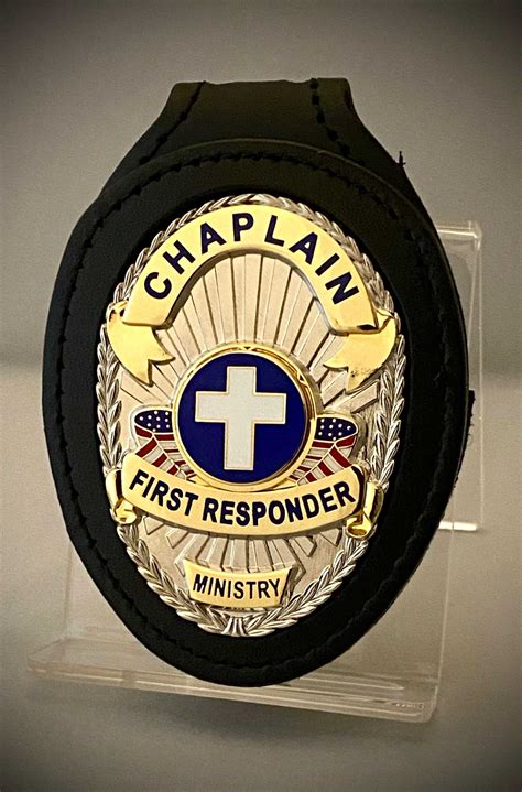Chaplain First Responder Badge With Black Or Brown Leather Belt Clip