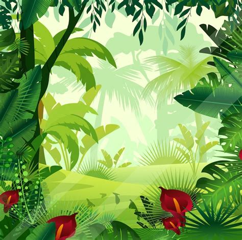 朝の時間の背景のジャングルの芝生のイラスト。シダ、木、茂み、ブドウの木、花の漫画eの明るくカラフルなジャングル。 プレミアムベクター
