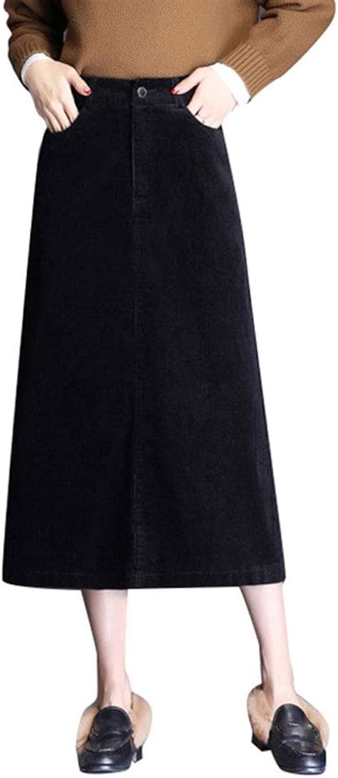 Teeyee Women Casual Corduroy Midi Skirt Long High Waist A Line Split