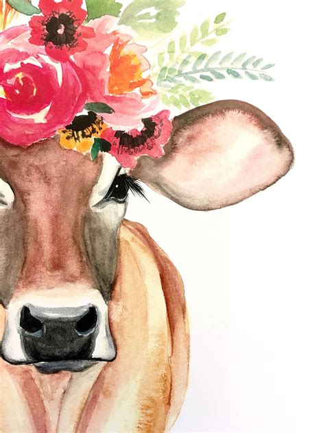 Watercolor Cow With Flower Crown Moo Watercolorarts Cow Art