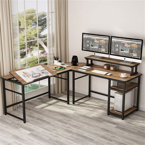 L Shaped Computer Desk With Monitor Stand Riser Etsy In Home