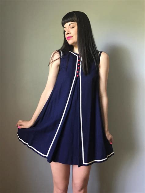 60s Mod Mini Dress Navy Shift Dress A Line Babydoll Dress By