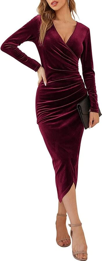 Erllegraly Womens Velvet Bodycon Wrap Dress Long Sleeve V Neck Ruched