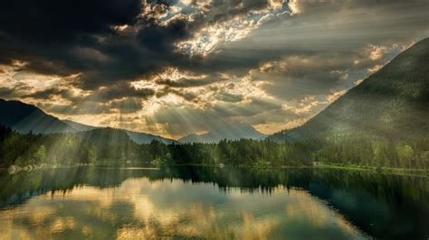 Nature Landscape Trees Forest Hdr Sun Rays Lake Hill Water